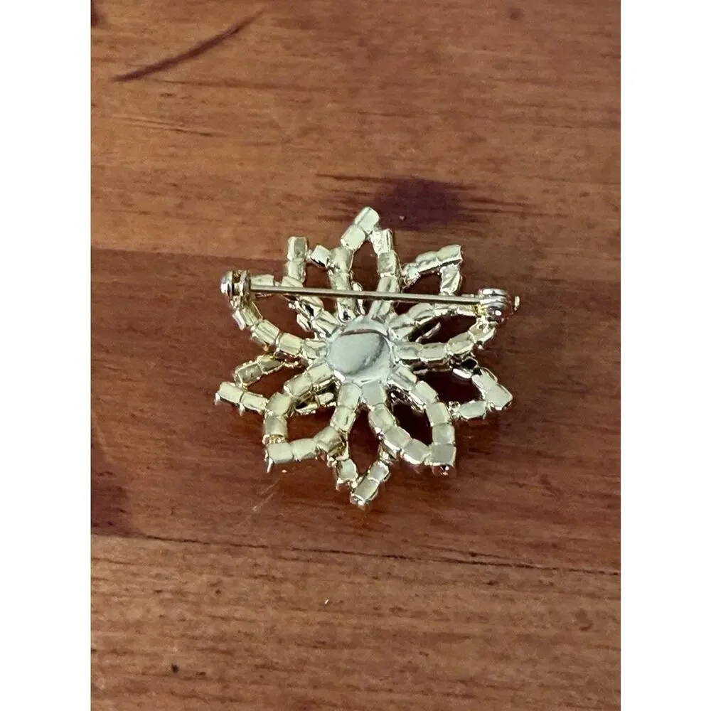 Vintage Style Rhinestone Flower Brooch Teal Pink Gold Tone Starburst Floral Pin